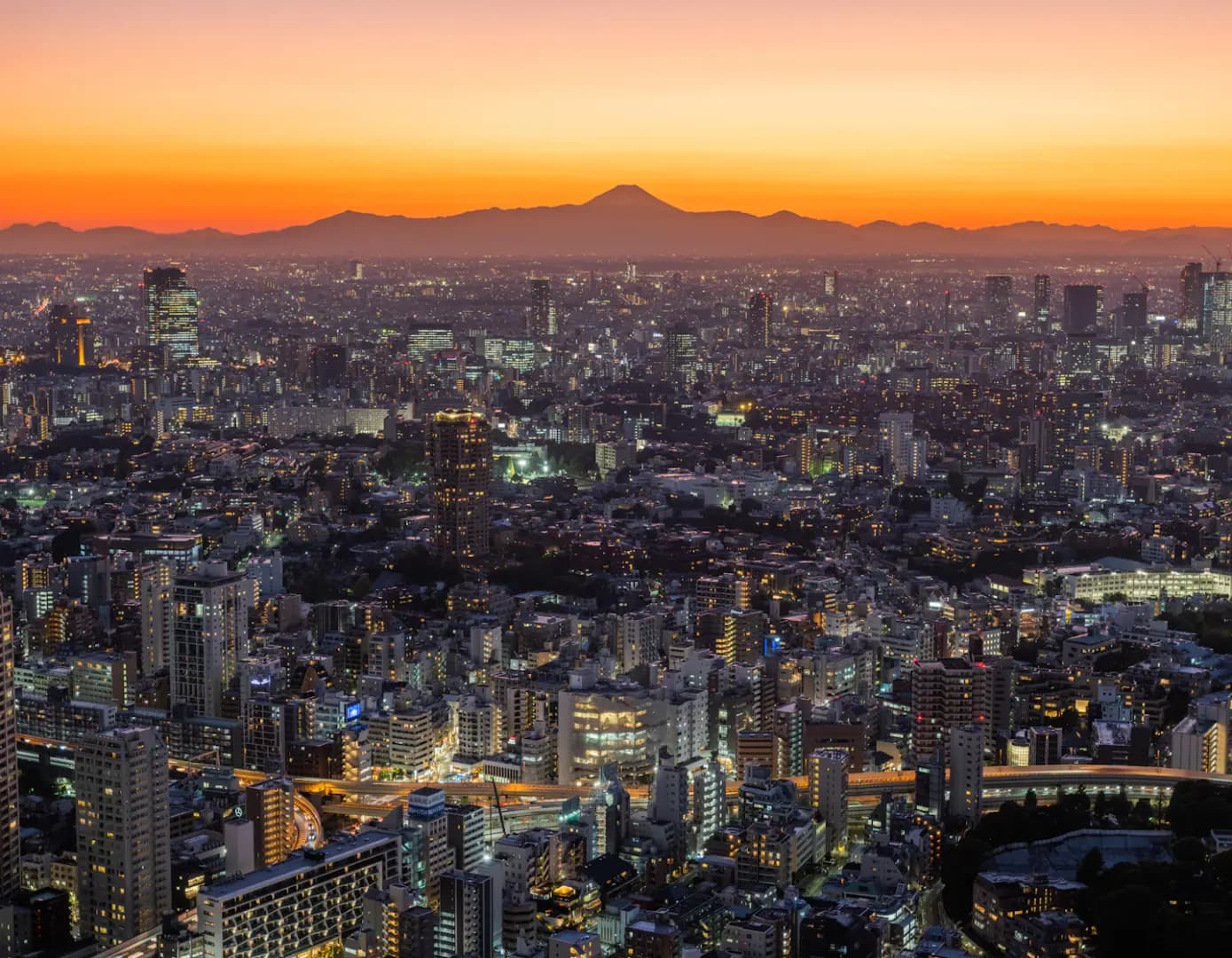Tokyo skyline with Mount Fuji at sunset